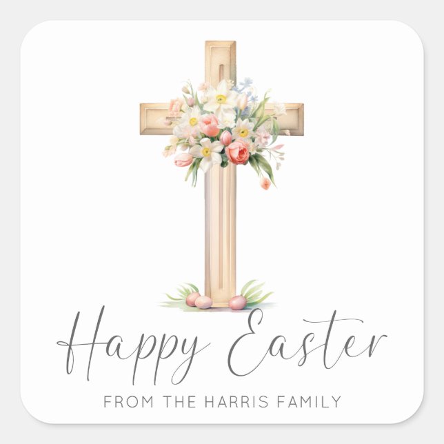Pegatina Cuadrada Happy Easter Cross Floral (Anverso)