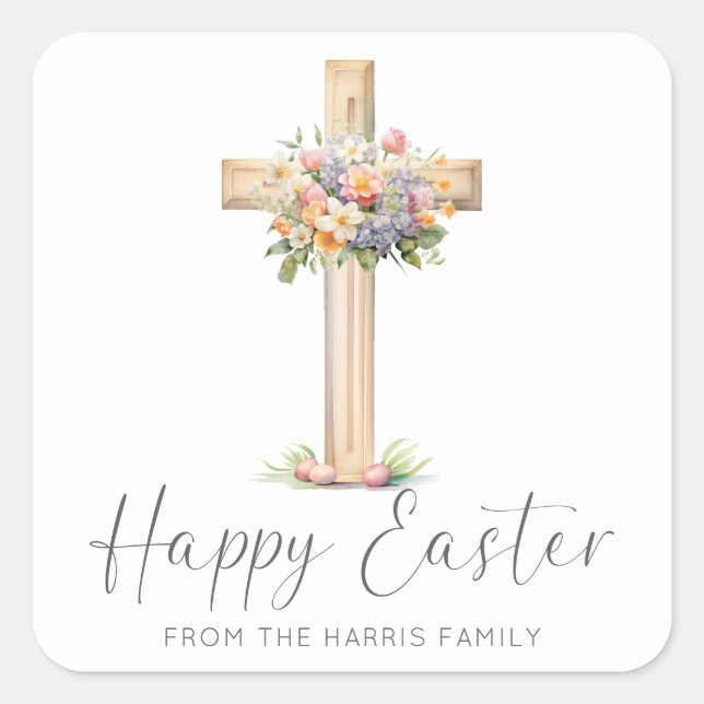 Pegatina Cuadrada Happy Easter Cross Floral (Anverso)