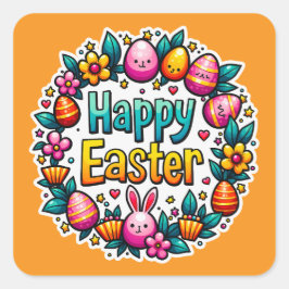 Pegatina Cuadrada Happy Easter – Cute Bunny Lettering Autocolante