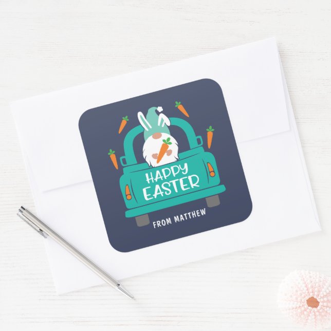 Pegatina Cuadrada Happy Easter Cute Moderno Gnome Truck Name Classic (Sobre)