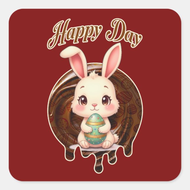 Pegatina Cuadrada Happy Easter Day – Cute Bunny - Autocolante (Anverso)