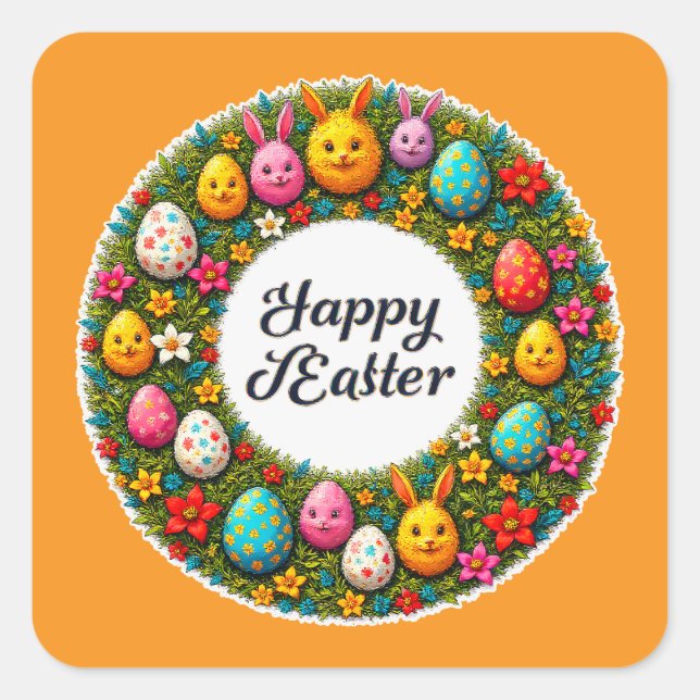 Pegatina Cuadrada Happy Easter – Festive Egg Wreath Autocolante (Anverso)