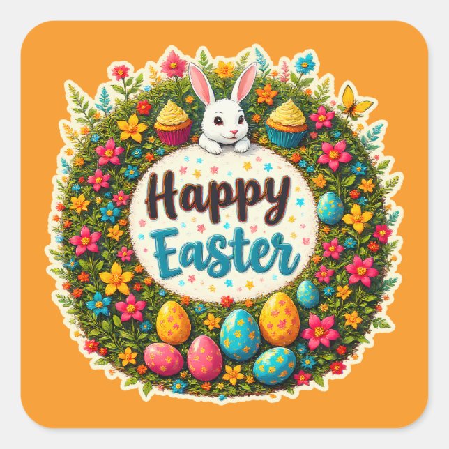 Pegatina Cuadrada Happy Easter – Floral Spring Wreath Autocolante (Anverso)