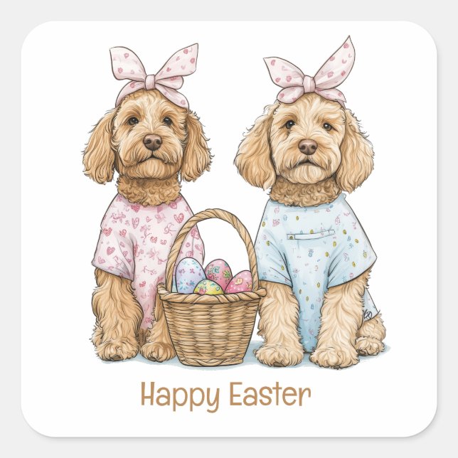 Pegatina Cuadrada Happy Easter Goldendoodle Dogs (Anverso)