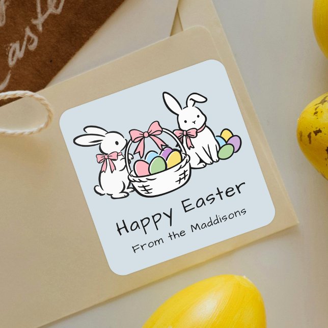 Pegatina Cuadrada Happy Easter Hand Drawn Doodle Whimsical Bunnies (Subido por el creador)