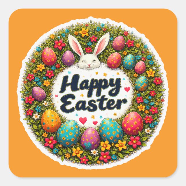 Pegatina Cuadrada Happy Easter – Spring Floral Circle Autocolante (Anverso)