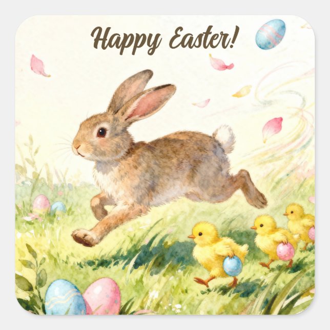 Pegatina Cuadrada Happy Easter Vintage Bunny Spring Illustration (Anverso)
