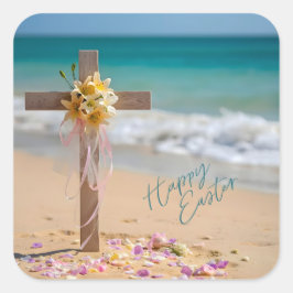 Pegatina Cuadrada Happy Easter Wooden Cross with Lilies on Beach