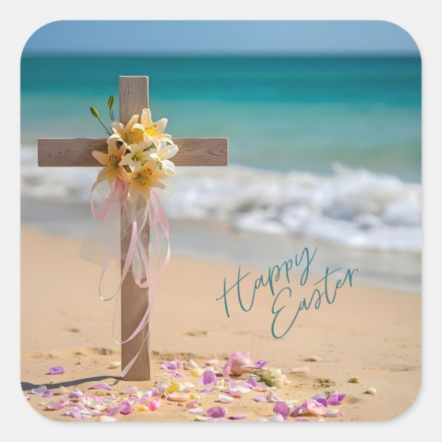 Pegatina Cuadrada Happy Easter Wooden Cross with Lilies on Beach (Anverso)