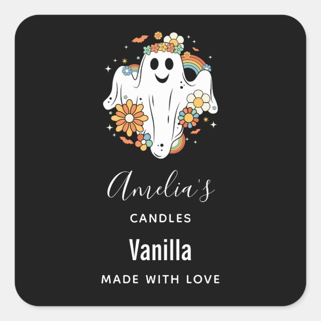 Pegatina Cuadrada Happy Ghost Retro Hippie Vibe - Candle Business (Anverso)