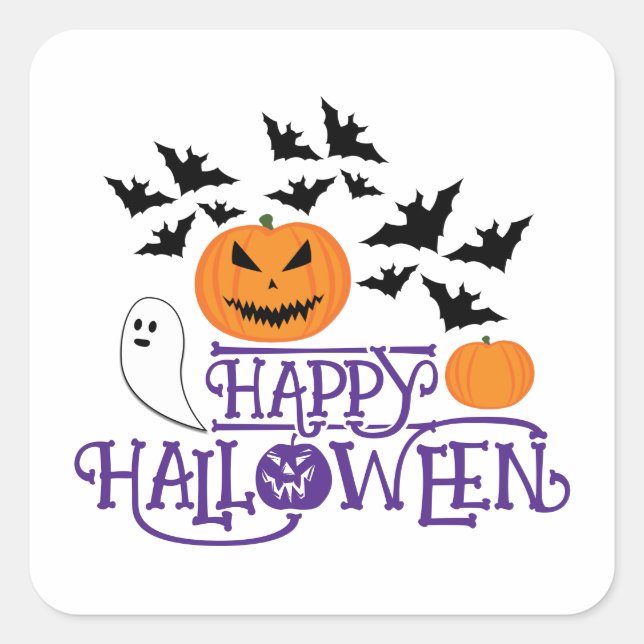 Pegatina Cuadrada Happy Halloween calabazas murciélagos fantasmas pú (Anverso)