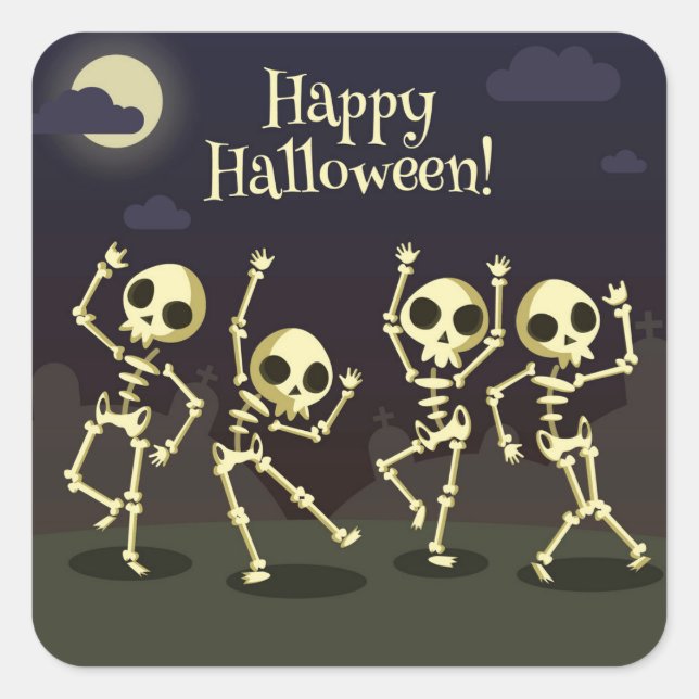 Pegatina Cuadrada Happy Halloween - Happy Skeletons (Anverso)