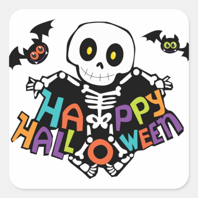Pegatina Cuadrada Happy Halloween (Skeleton and Bats) (Anverso)