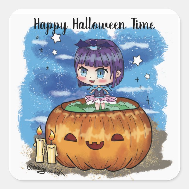 Pegatina Cuadrada Happy Halloween Time Chibi Pumpkin (Anverso)