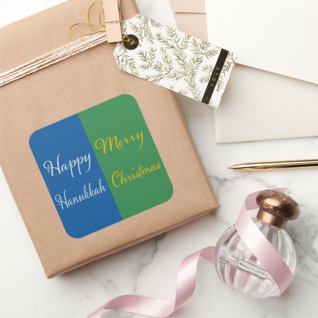 Pegatina Cuadrada Happy Hanukkah Merry Christmas Dual Holiday Design (Regalar)