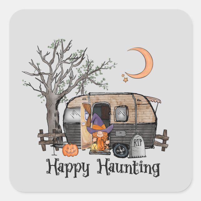 Pegatina Cuadrada Happy Haunting - Spooky Witch and Camper Van (Anverso)