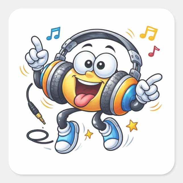 Pegatina Cuadrada Happy Headphones Cartoon Music Sticker (Anverso)