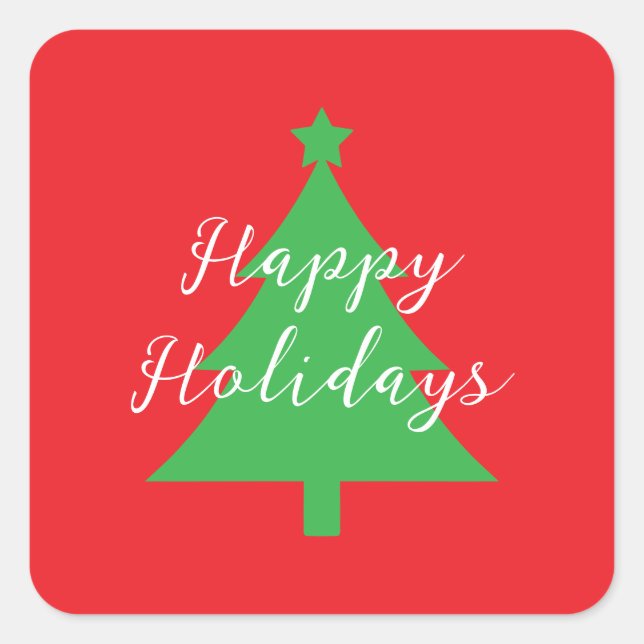 Pegatina Cuadrada Happy Holidays Bright Red Christmas New Year (Anverso)