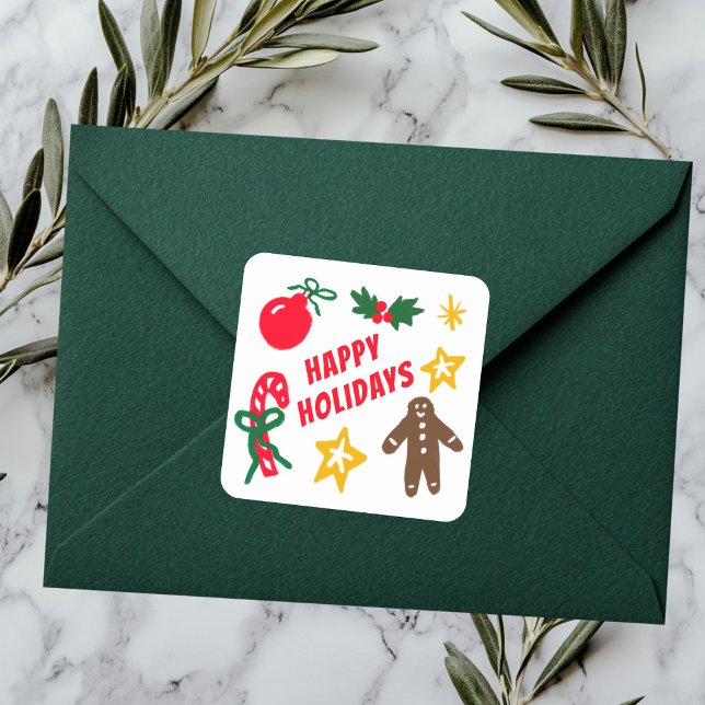 Pegatina Cuadrada HAPPY HOLIDAYS Cute Hand-Drawn CUSTOM  (HAPPY HOLIDAYS Cute Hand-Drawn CUSTOM Square Sticker
)