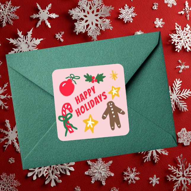 Pegatina Cuadrada HAPPY HOLIDAYS Cute Hand-Drawn CUSTOM  (HAPPY HOLIDAYS Cute Hand-Drawn CUSTOM Square Sticker
)