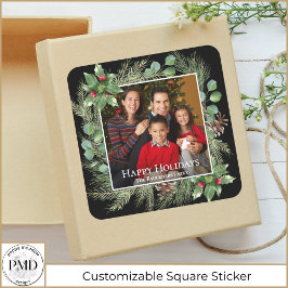 Pegatina Cuadrada Happy Holidays Photo Wreath Greenery 