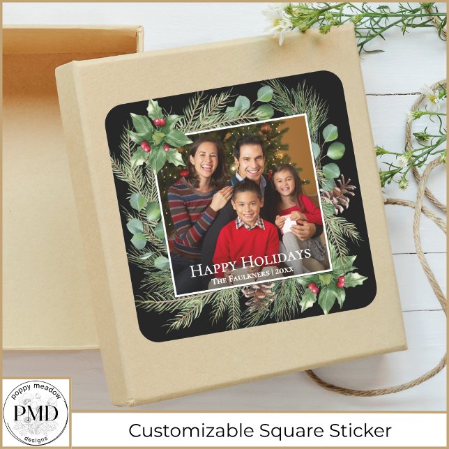 Pegatina Cuadrada Happy Holidays Photo Wreath Greenery  (Happy Holidays Family Photo Wreath Greenery Botanical Christmas Square Sticker with Name, Year.)
