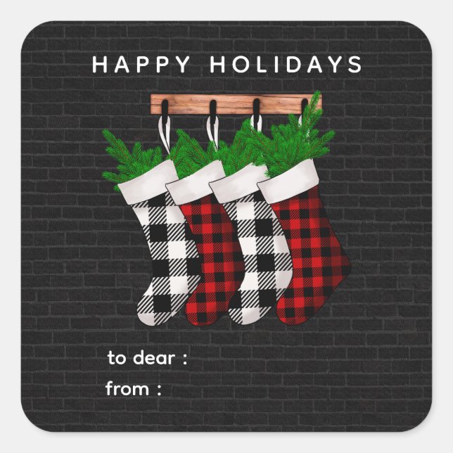 Pegatina Cuadrada Happy Holidays Plaid Stockings Holiday Gift Label  (Anverso)