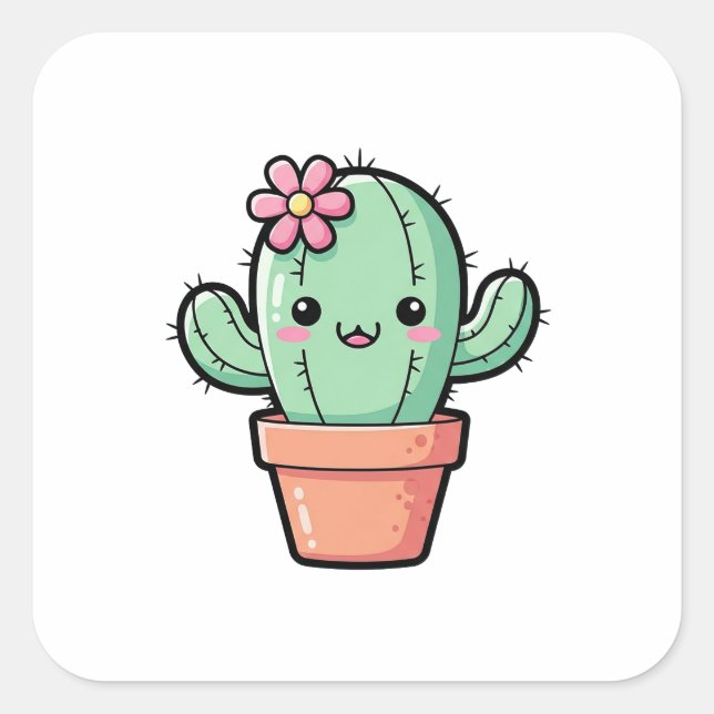 Pegatina Cuadrada Happy Kawaii Cactus – Cute Illustration (Anverso)