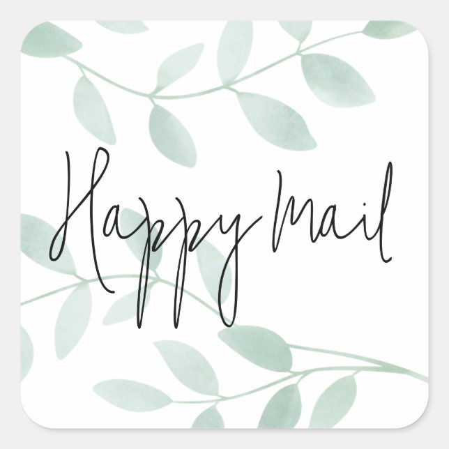 Pegatina Cuadrada Happy Mail Sage Greenery Watercolor (Anverso)