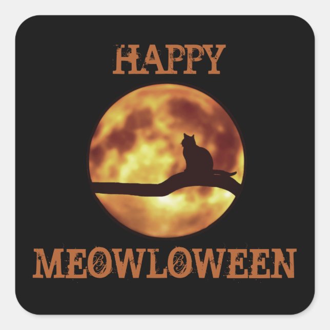 Pegatina Cuadrada Happy MEOWloween Moon Black Cat Silhouette Pun (Anverso)