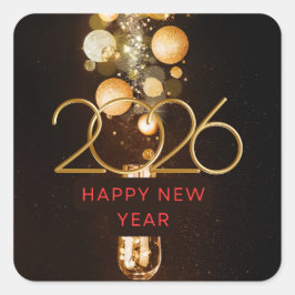 Pegatina Cuadrada Happy New Year 2026 Festive Christmas Greenery Des