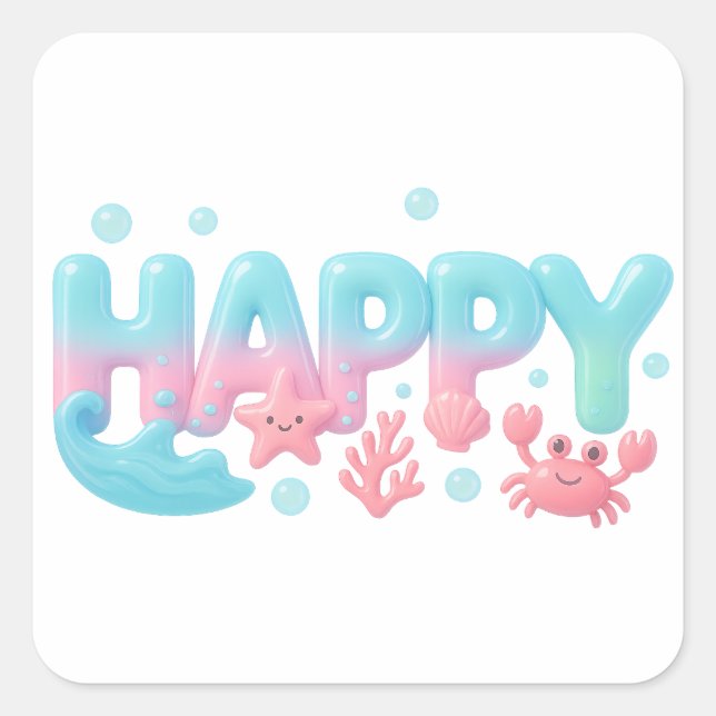 Pegatina Cuadrada Happy Ocean Pastel Glossy Text (Anverso)