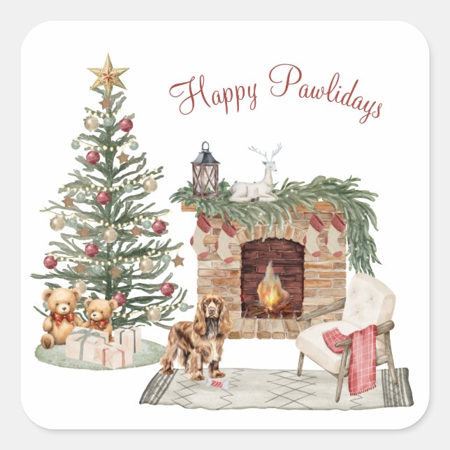 Pegatina Cuadrada Happy Pawlidays Dog Design - Cocker Spaniel (Anverso)