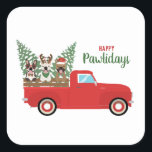 Pegatina Cuadrada Happy Pawlidays French Bulldogs Red Pickup Truck<br><div class="desc">Cute illustration of three dogs riding in the back of a little red pickup truck with Christmas trees.</div>