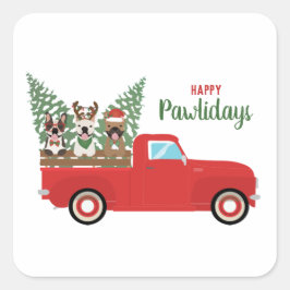 Pegatina Cuadrada Happy Pawlidays French Bulldogs Red Pickup Truck