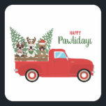 Pegatina Cuadrada Happy Pawlidays French Bulldogs Red Pickup Truck<br><div class="desc">Cute illustration of three dogs riding in the back of a little red pickup truck with Christmas trees.</div>