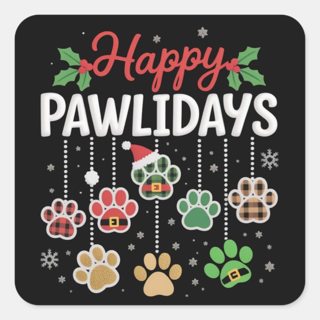 Pegatina Cuadrada Happy Pawlidays Funny Christmas Dog Paw Xmas Dogs  (Anverso)