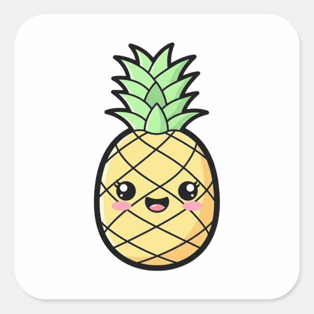 Pegatina Cuadrada Happy Pineapple – Cute Kawaii Illustration (Anverso)