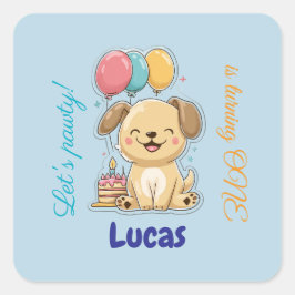 Pegatina Cuadrada Happy Puppy, Boy, Let's Pawty, 1st Birthday 