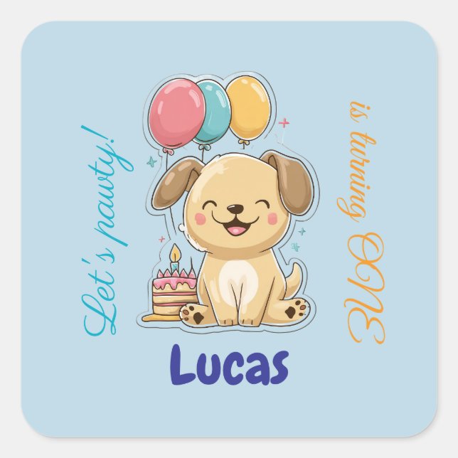 Pegatina Cuadrada Happy Puppy, Boy, Let's Pawty, 1st Birthday  (Anverso)