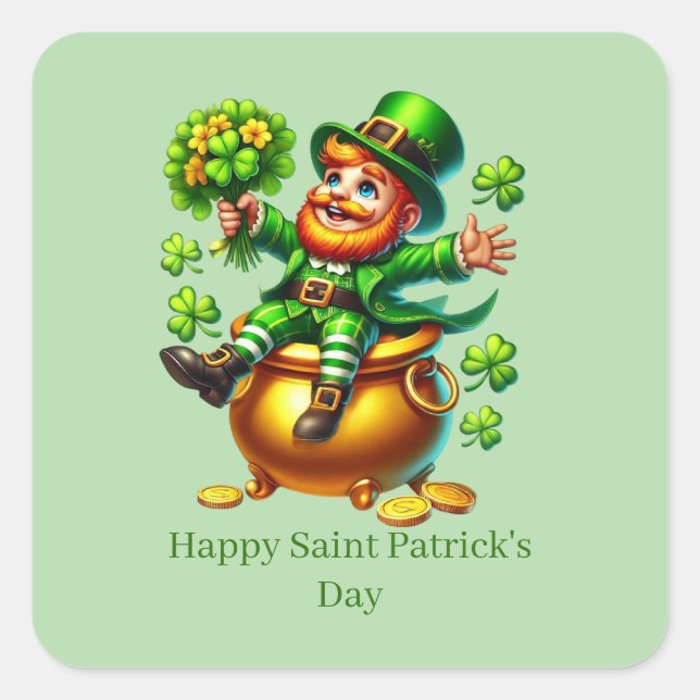 Pegatina Cuadrada Happy Saint Patrick's Day customizable leprechaun  (Anverso)