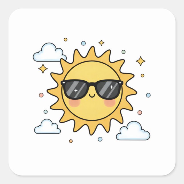 Pegatina Cuadrada Happy Smiling Sun Cartoon - Minimalist Kawaii Suns (Anverso)