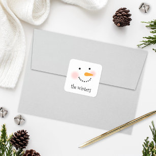 Pegatina Cuadrada Happy Snowman Face Personalizada Family Name
