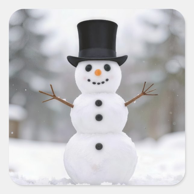 Pegatina Cuadrada Happy Snowman Wearing a Top Hat (Anverso)