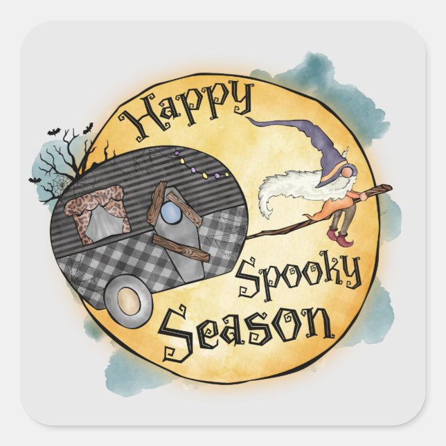 Pegatina Cuadrada Happy Spookong Season Witch Camper Van (Anverso)