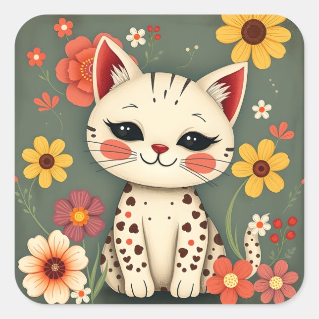 Pegatina Cuadrada Happy Spotted Kitty with Flowers (Anverso)