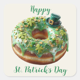 Pegatina Cuadrada Happy St. Patrick’s Day Donut with Leprechaun Hat