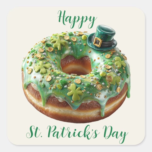 Pegatina Cuadrada Happy St. Patrick’s Day Donut with Leprechaun Hat (Anverso)