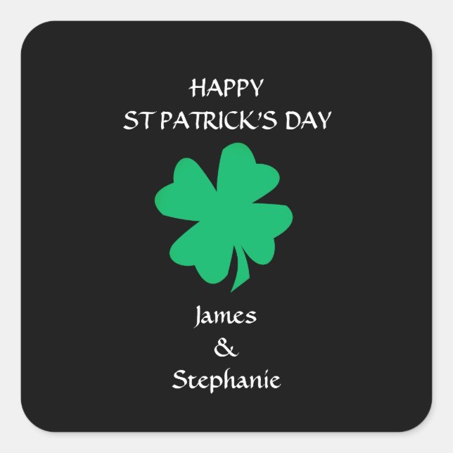 Pegatina Cuadrada Happy St Patrick's Day 2024 Custom Name Shamrock (Anverso)