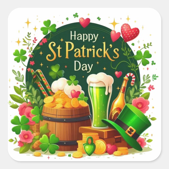 Pegatina Cuadrada Happy St. Patrick's Day Festive Celebration (Anverso)